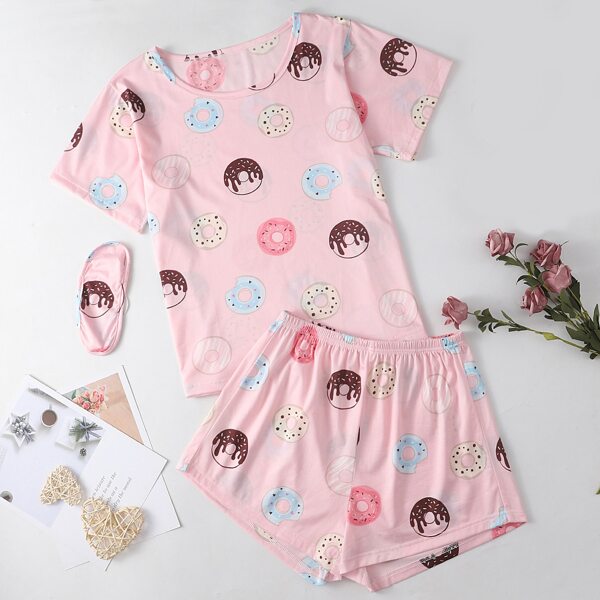 

Plus Doughnut Print PJ Set With Eye Cover, Baby pink
