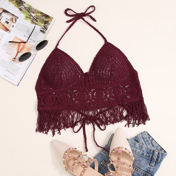 

Fringe Hem Knot Halter Top, Maroon