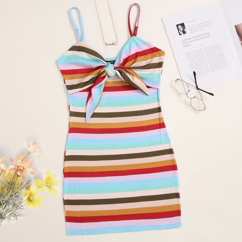 

Multi Stripe Tie Front Cami Dress, Multicolor