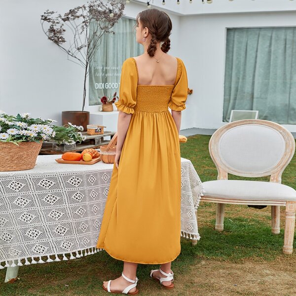 

Bishop Sleeve Shirred A-line Dress, Mustard yellow