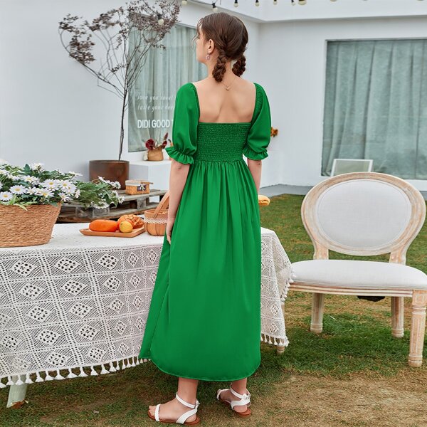

Bishop Sleeve Shirred A-line Dress, Green