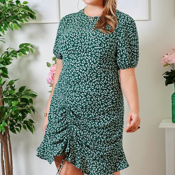 

Plus Ditsy Floral Drawstring Ruched Front Ruffle Hem Dress, Green