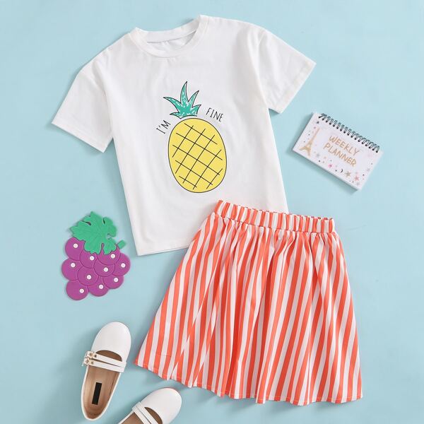 

Girls Pineapple Print Tee & Striped Skirt, Multicolor