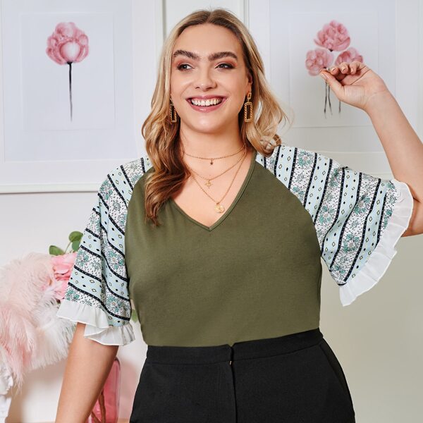

Plus Geo & Floral Print Flounce Sleeve High Low Tee, Army green