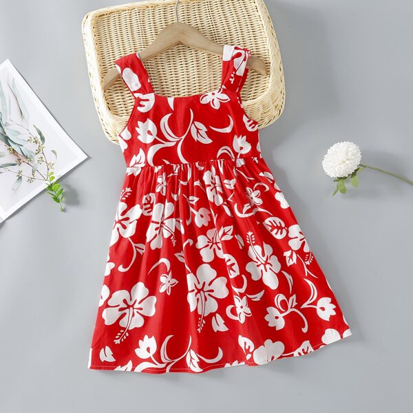 

Girls Floral Print Half Button Dress, Red