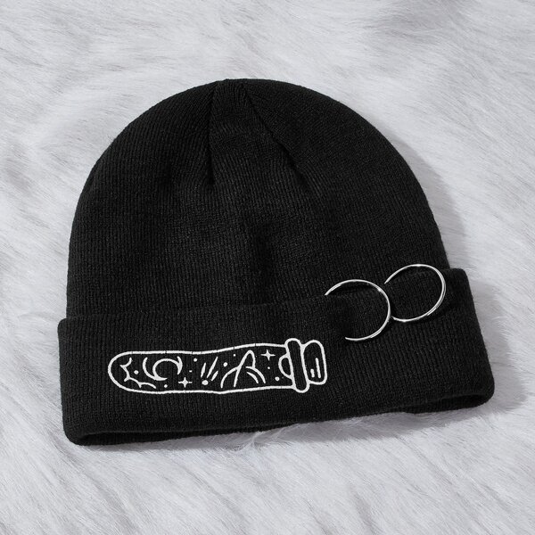 

Metal Ring Decor Beanie, Black
