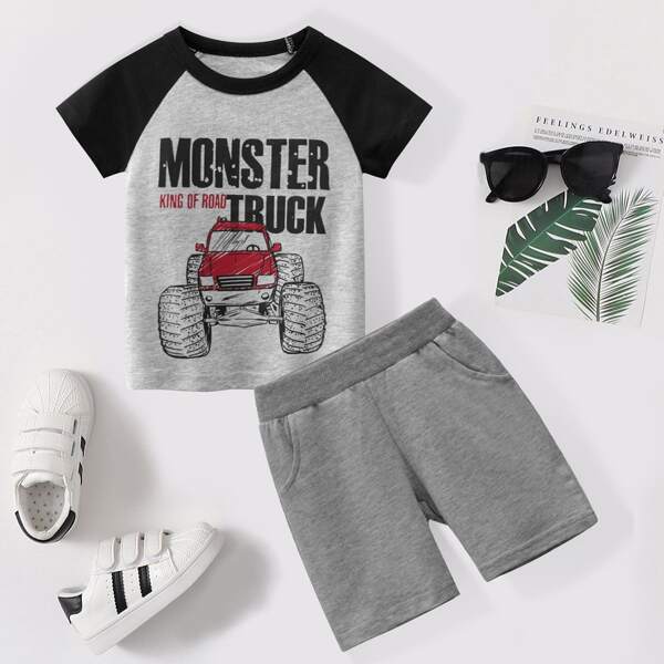 

Toddler Boys Letter Graphic Raglan Sleeve Tee With Shorts, Grey