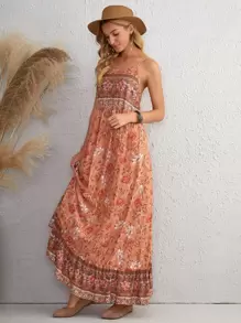 SHEIN VCAY Vestido de tirantes bajo con fruncido floral - Multicolor - Ver 3