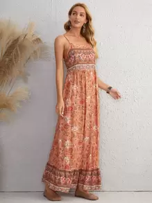 SHEIN VCAY Vestido de tirantes bajo con fruncido floral - Multicolor - Ver 4