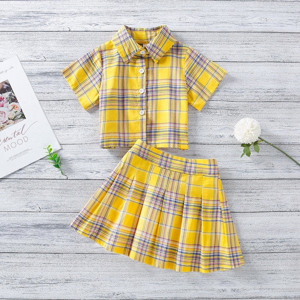 

Toddler Girls Plaid Button Up Blouse & Pleated Skirt, Yellow