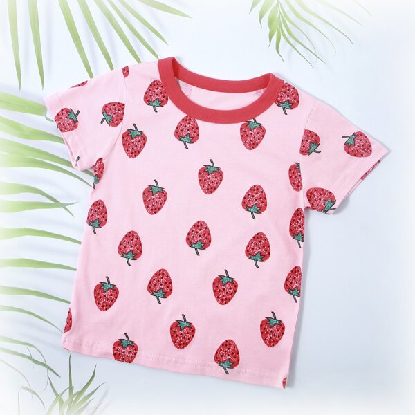 

Toddler Girls Strawberry Print Contrast Binding Tee, Pink