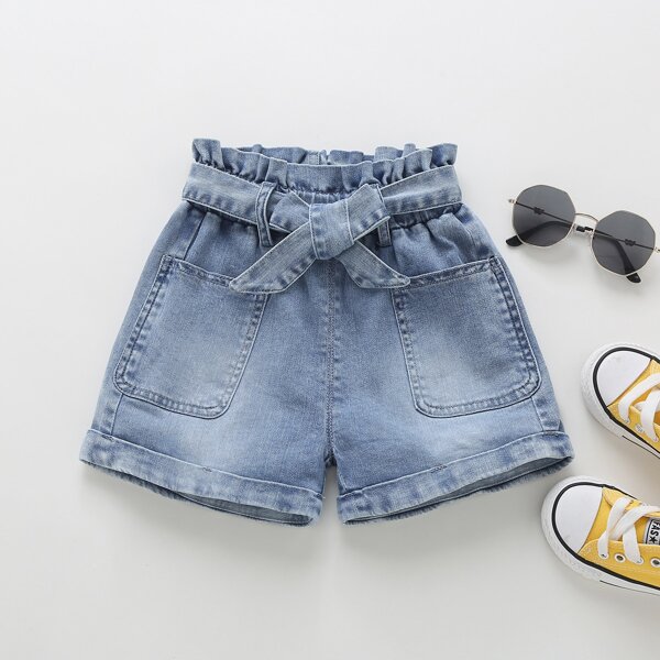 

Toddler Girls Belted Paperbag Waist Denim Shorts, Light wash