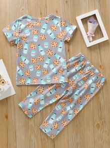 SHEIN Young Boy Cookie And Milk Print Tee With Pants - Multicolor - View 2