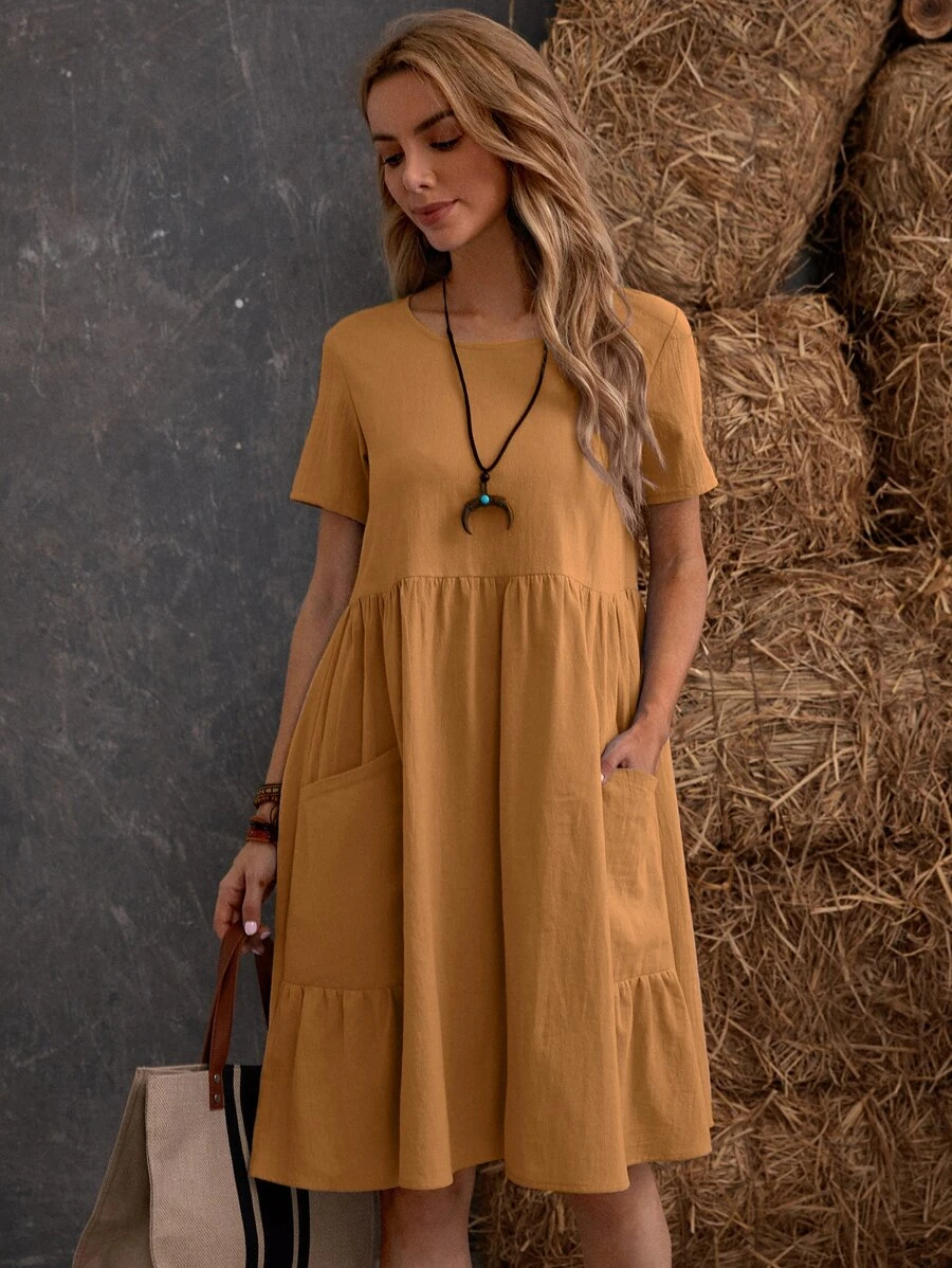 SHEIN LUNE Dual Pocket Solid Smock Dress - Mustard Yellow - View 1