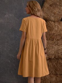 SHEIN LUNE Dual Pocket Solid Smock Dress - Mustard Yellow - View 2