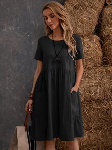 SHEIN LUNE Vestido smock unicolor con doble bolsillo - Negro - Ver 1