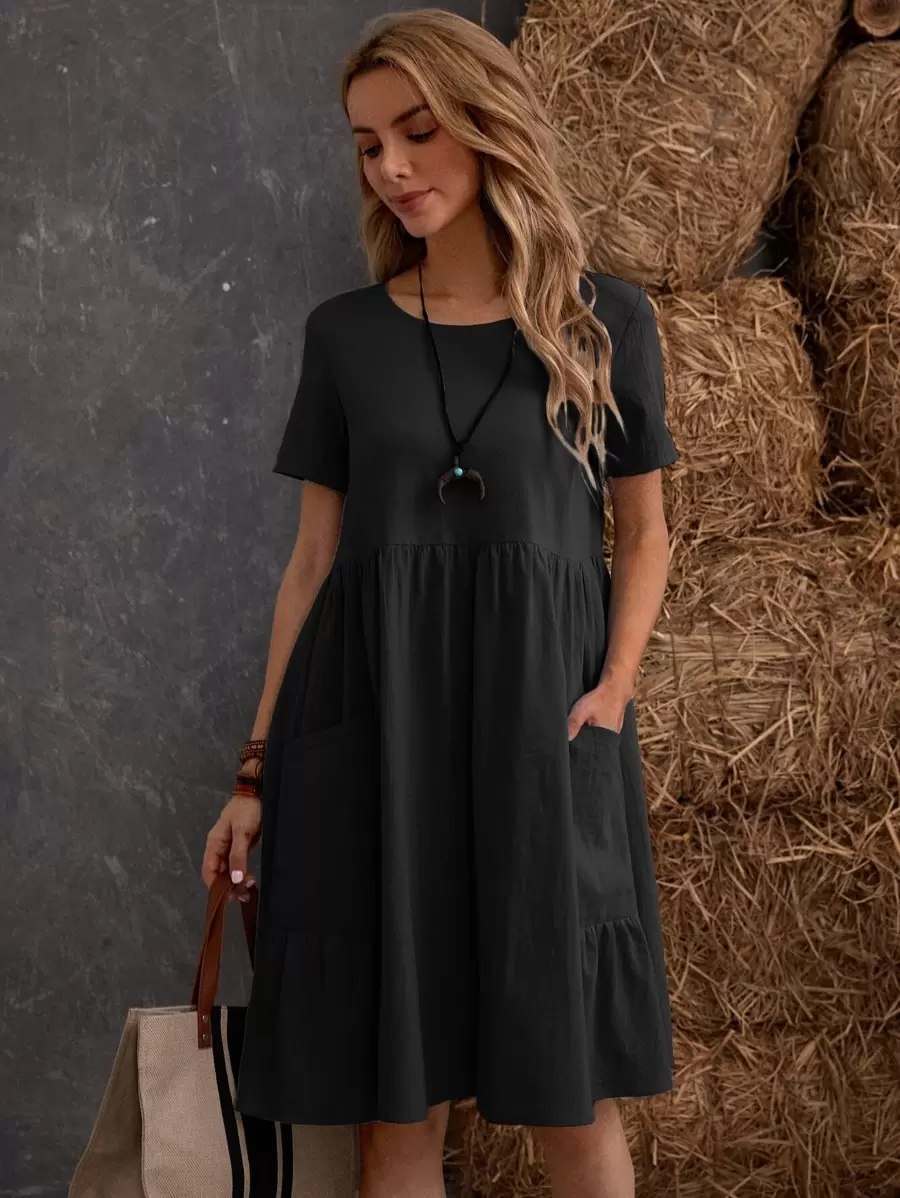 SHEIN LUNE Vestido smock unicolor con doble bolsillo - Negro - Ver 1