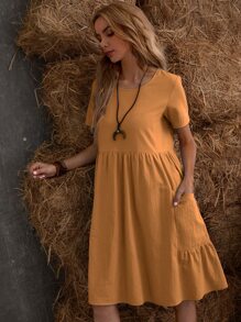 SHEIN LUNE Dual Pocket Solid Smock Dress - Mustard Yellow - View 3