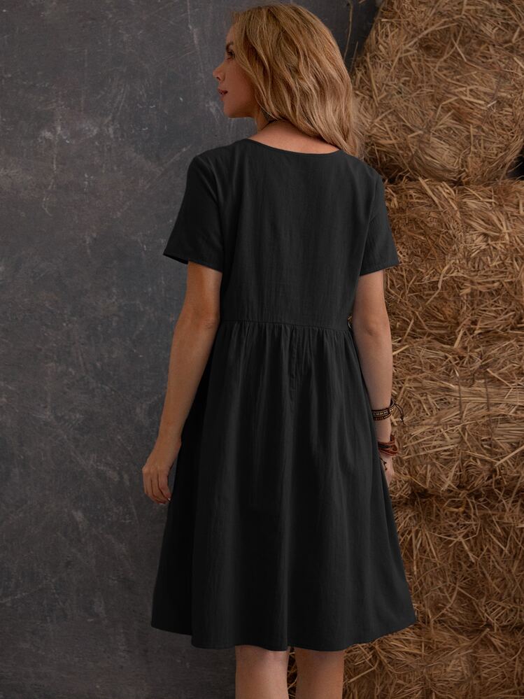 SHEIN LUNE Dual Pocket Solid Smock Dress - Black - View 2