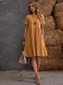 SHEIN LUNE Dual Pocket Solid Smock Dress - Mustard Yellow - View 4