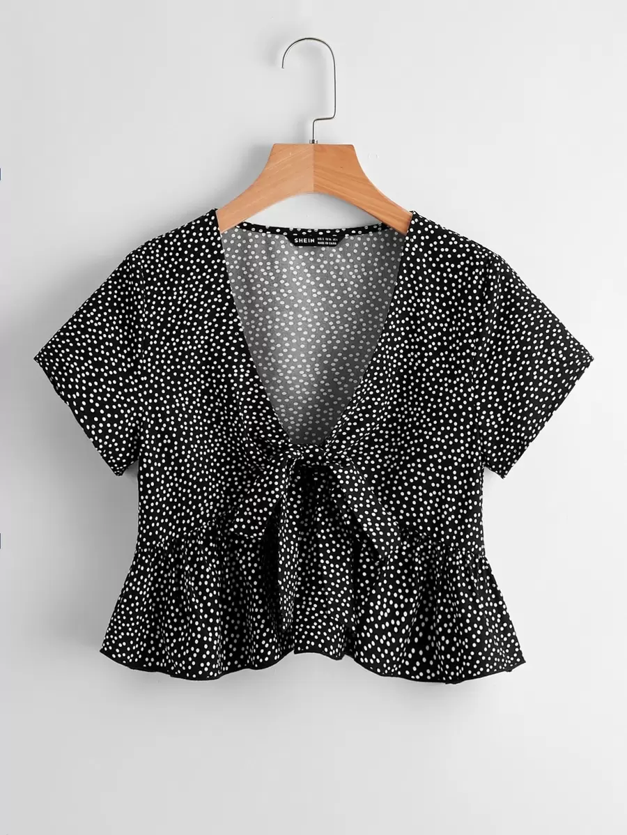 Soleia Tie Front Ruffle Hem Polka Dot Top