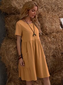 SHEIN LUNE Dual Pocket Solid Smock Dress - Mustard Yellow - View 5