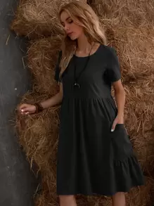SHEIN LUNE Vestido smock unicolor con doble bolsillo - Negro - Ver 3
