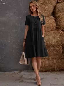 SHEIN LUNE Vestido smock unicolor con doble bolsillo - Negro - Ver 4