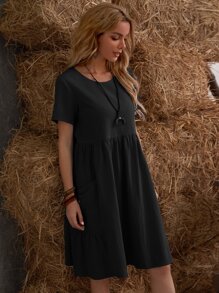 SHEIN LUNE Vestido smock unicolor con doble bolsillo - Negro - Ver 5