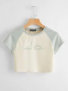 SHEIN Qutie Dinosaur Print Ribbed Crop Baseball Tee
