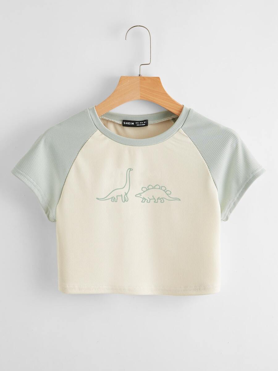 SHEIN Qutie Dinosaur Print Ribbed Crop Baseball Tee