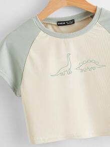SHEIN Qutie Dinosaur Print Ribbed Crop Baseball Tee