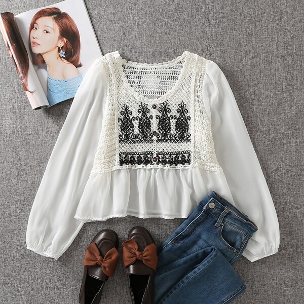 

Crochet Panel Ruffle Hem Blouse, White