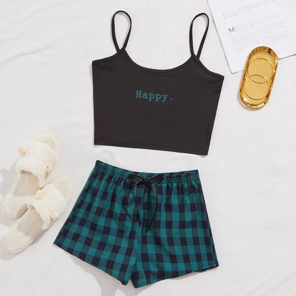 

Letter Graphic Cami Top & Buffalo Plaid Shorts PJ Set, Multicolor