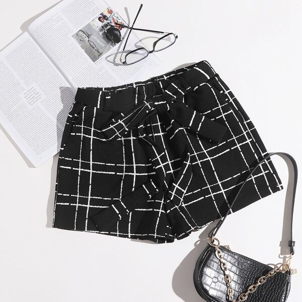 

Plaid Print Belted Shorts, Black