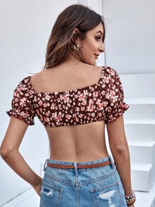 Tie Front Ditsy Floral Print Top - Multicolor - View 2