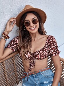 Tie Front Ditsy Floral Print Top - Multicolor - View 6