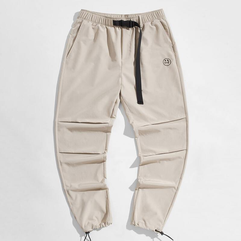 

Guys Buckle Belted Graphic Print Drawstring Hem Pants, Khaki