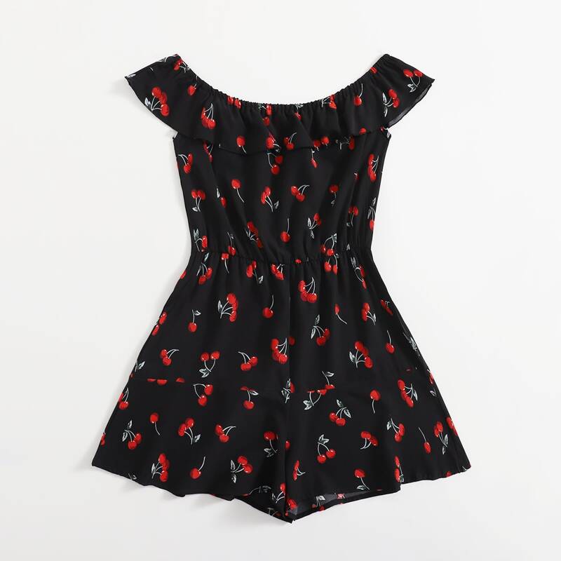 

Cherry Print Ruffle Romper, Black