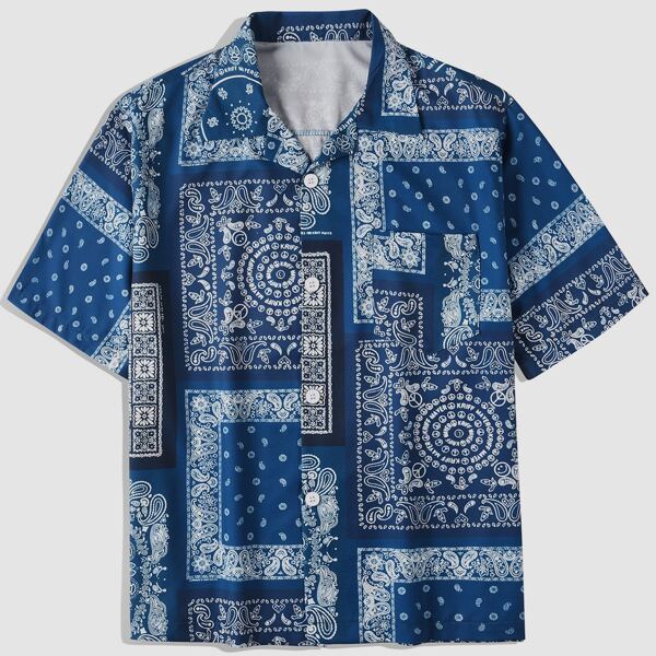 

Men Paisley Print Button Up Shirt, Navy blue