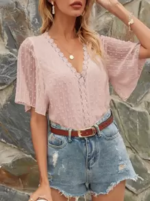 Blouse unicolore avec appliques - Vieux Rose - Voir 1