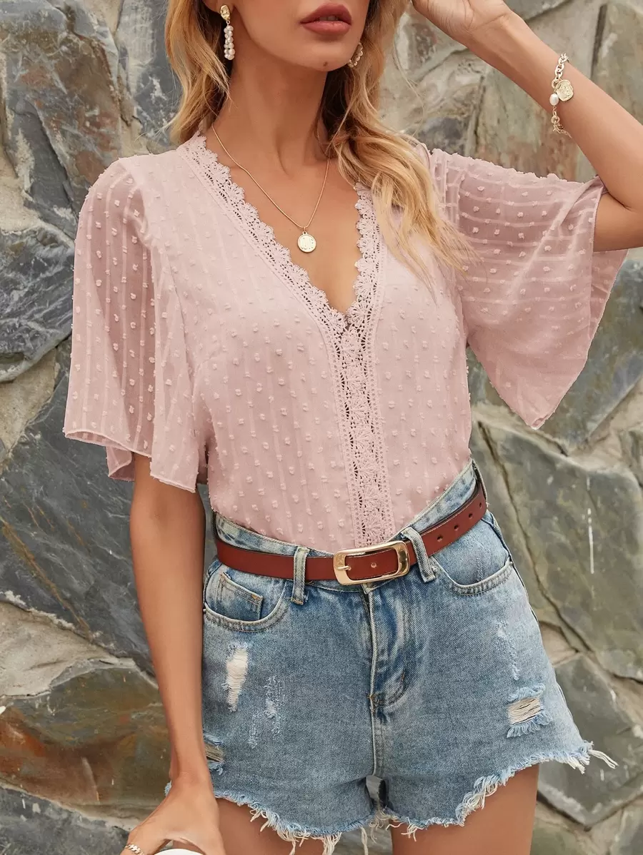 Blouse unicolore avec appliques - Vieux Rose - Voir 1