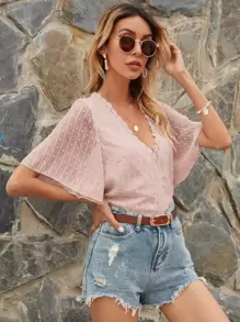 Blouse unicolore avec appliques - Vieux Rose - Voir 5