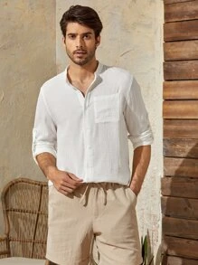 Manfinity VCAY Nam Áo sơ mi Bông Vá Túi Tay áo Cuộn - trắng - Xem 1