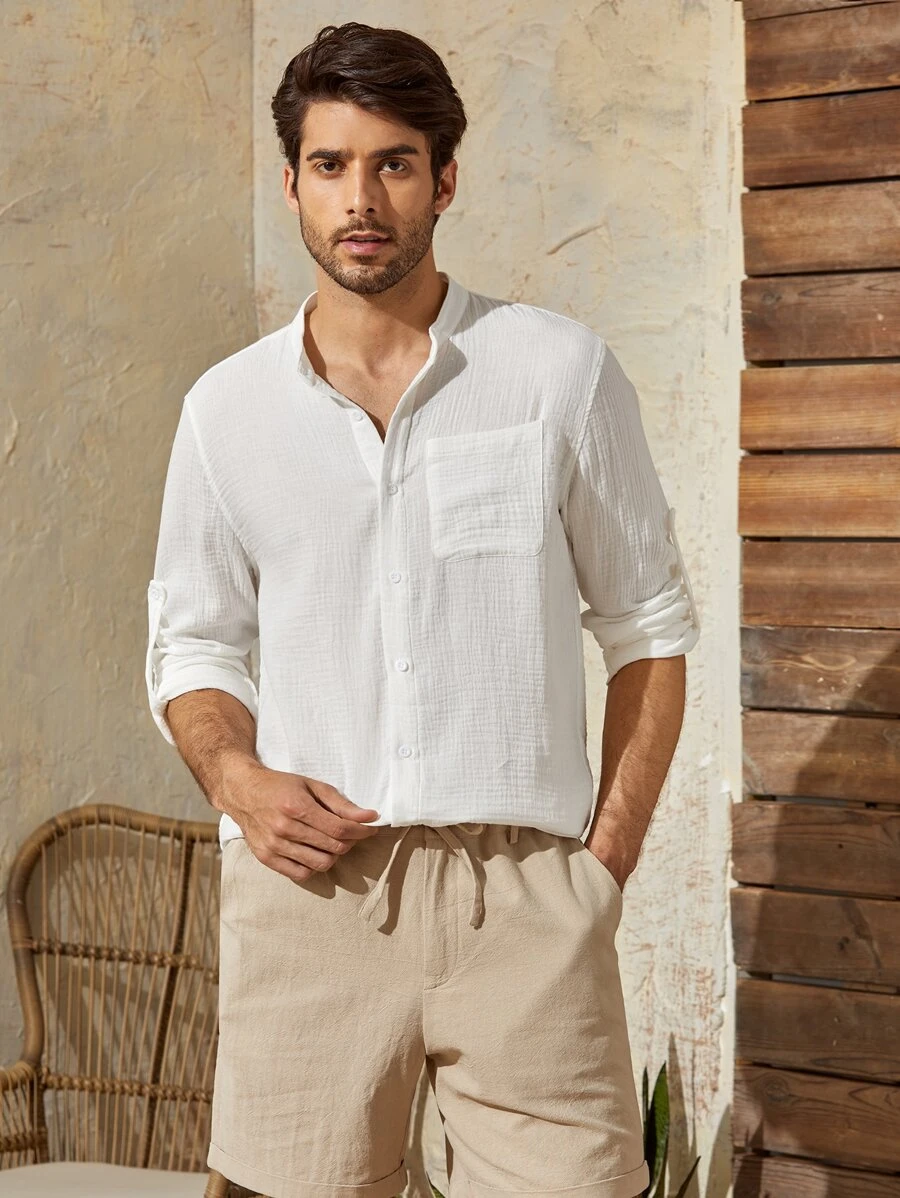 Manfinity VCAY Nam Áo sơ mi Bông Vá Túi Tay áo Cuộn - trắng - Xem 1