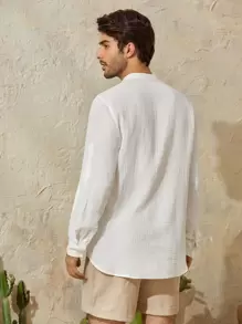 Manfinity VCAY Nam Áo sơ mi Bông Vá Túi Tay áo Cuộn - trắng - Xem 2