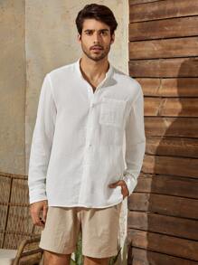 Manfinity VCAY Nam Áo sơ mi Bông Vá Túi Tay áo Cuộn - trắng - Xem 4