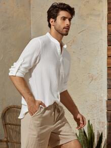 Manfinity VCAY Nam Áo sơ mi Bông Vá Túi Tay áo Cuộn - trắng - Xem 5