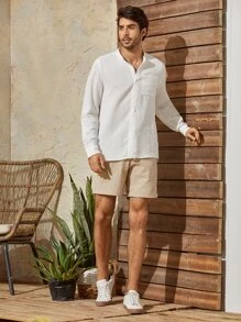 Manfinity VCAY Nam Áo sơ mi Bông Vá Túi Tay áo Cuộn - trắng - Xem 6