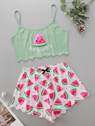 طقم بيجامة كامي بجرافيك شعار وبطيخ